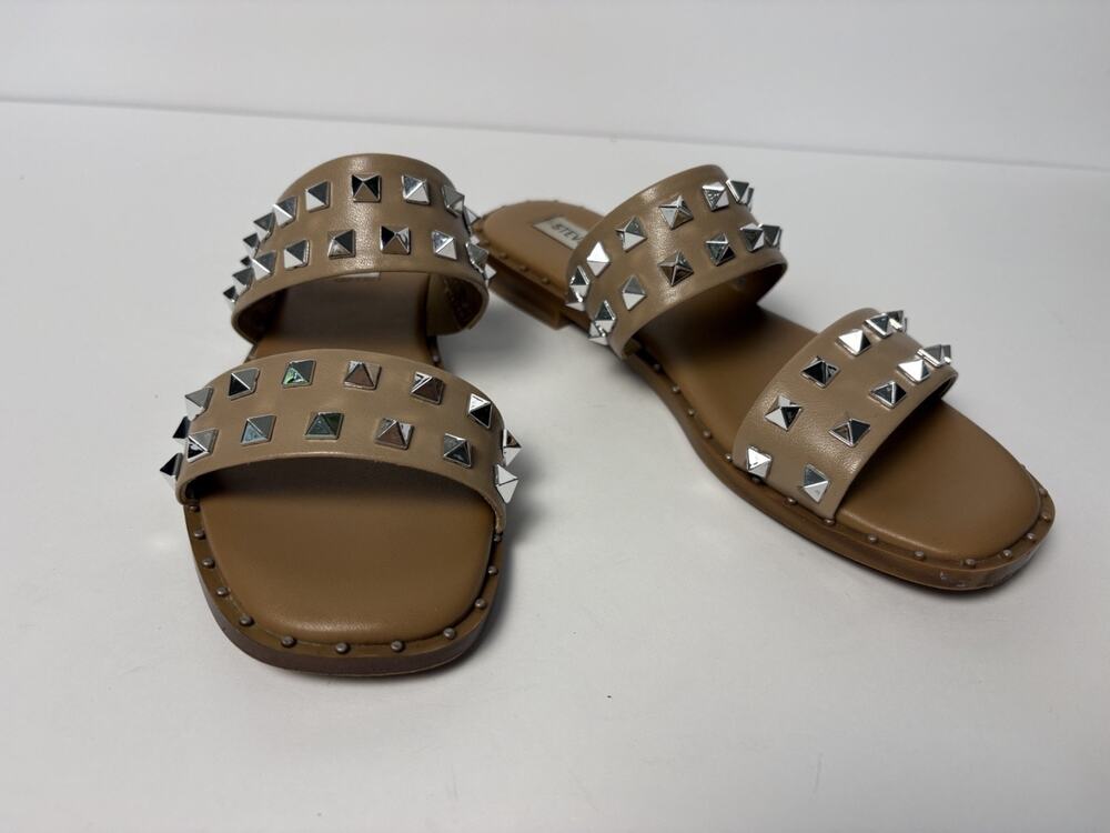Steven Madden Woman's Tan Pyramid Stud Double Strap Slide sandals. size 6.5